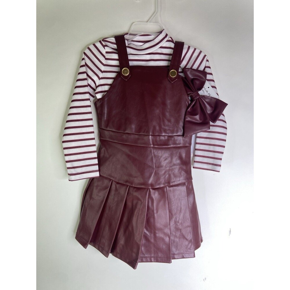 Tahari Girl 3 Piece Faux Leather Pleather Jumper Dress Striped Top Bow Girls 3T